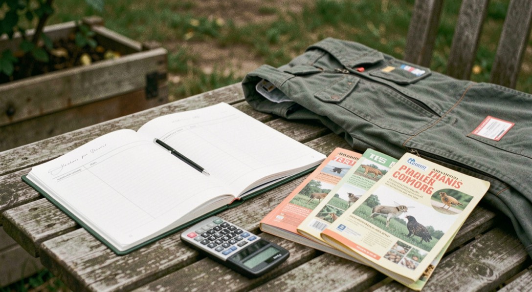 Table de jardin avec un carnet de comptes ouvert, une calculatrice et des catalogues de matériel apicole posés à côté d’une combinaison pliée