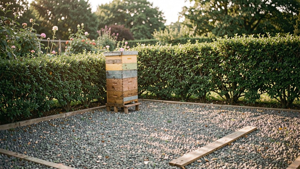 Un jardin clos en fin de matinée, ruches alignées derrière un filet vert, un chien de taille moyenne couché à distance sur la pelouse, lumière douce et rasante, cadrage large au niveau du sol.