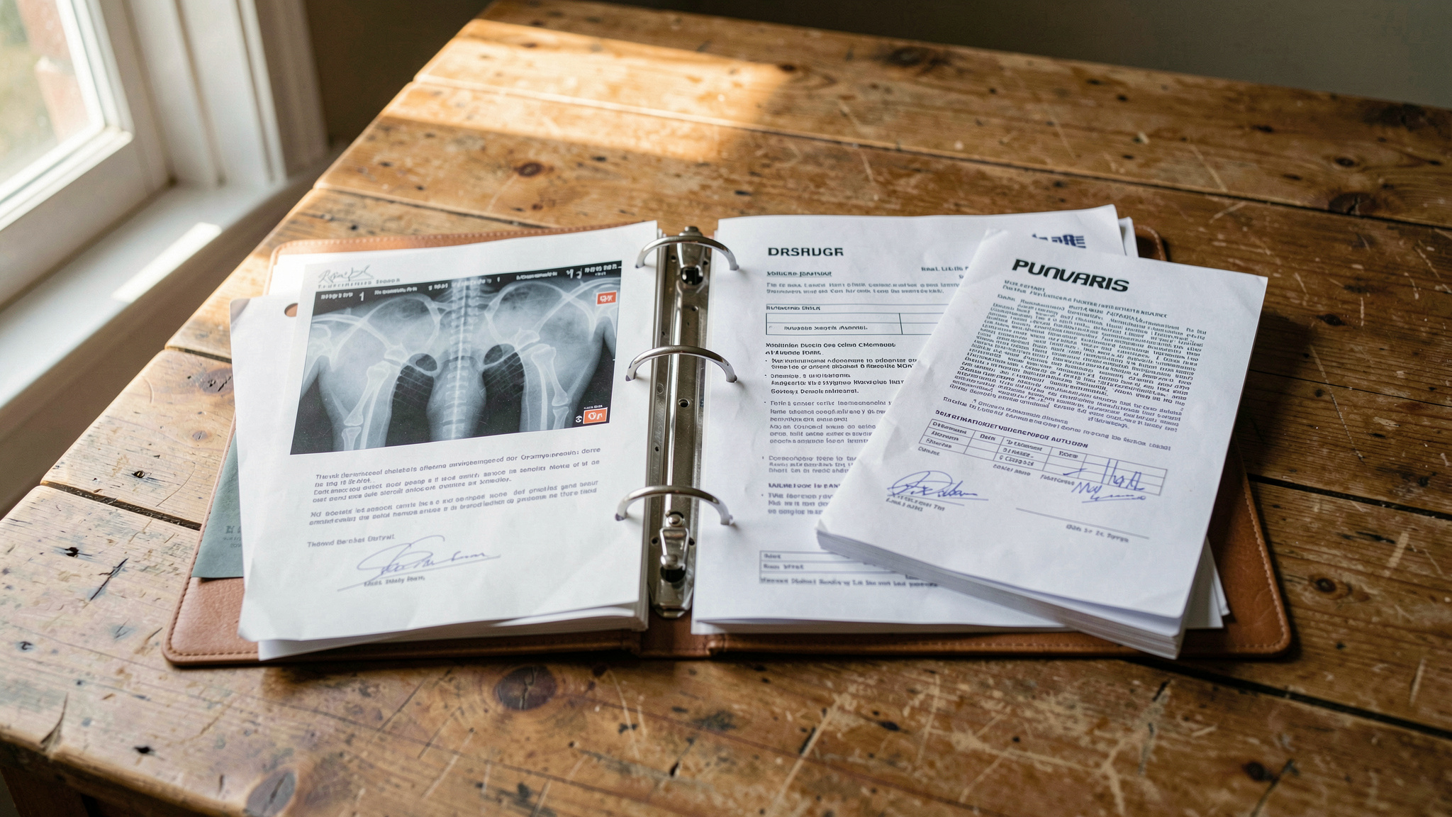 Un classeur de documents d'élevage canin ouvert sur une table en bois, avec radiographies, contrats et carnets de santé étalés côte à côte, lumière naturelle de fin d'après-midi entrant par une fenêtre latérale, cadrage serré en plongée.