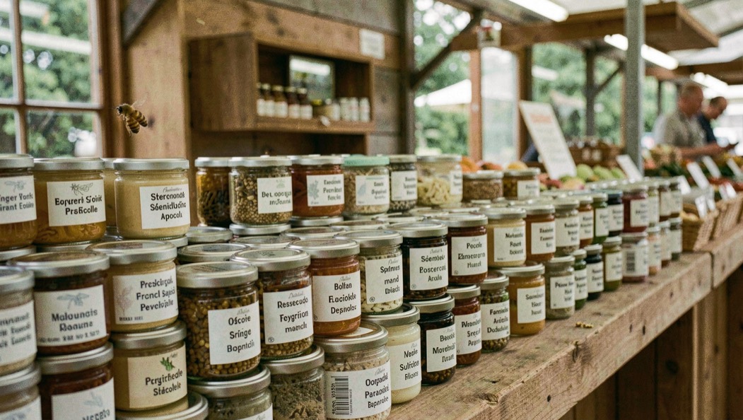 Vitrine de marché apicole avec des pots étiquetés rangés en lignes, chaque étiquette portant clairement son origine et son producteur