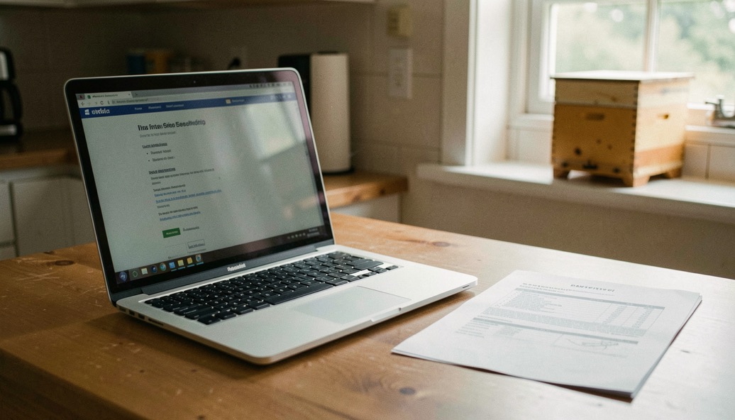 Ordinateur portable ouvert sur une table de cuisine avec un document administratif imprimé à côté, une ruche visible par la fenêtre du fond