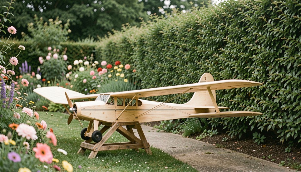 Ruche en bois clair posée sur un support au bord d’un jardin fleuri, planche d’envol tournée vers une haie abritant du vent