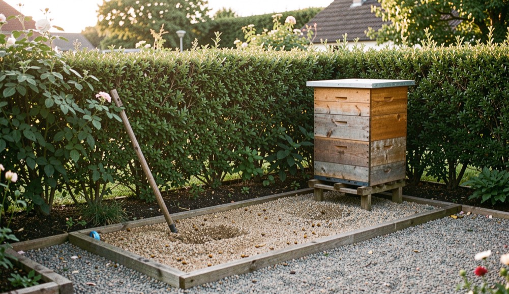 Jardin familial en fin d’après-midi avec une ruche en bois orientée au sud-est derrière une haie basse, planche d’envol dégagée sur gravier stabilisé