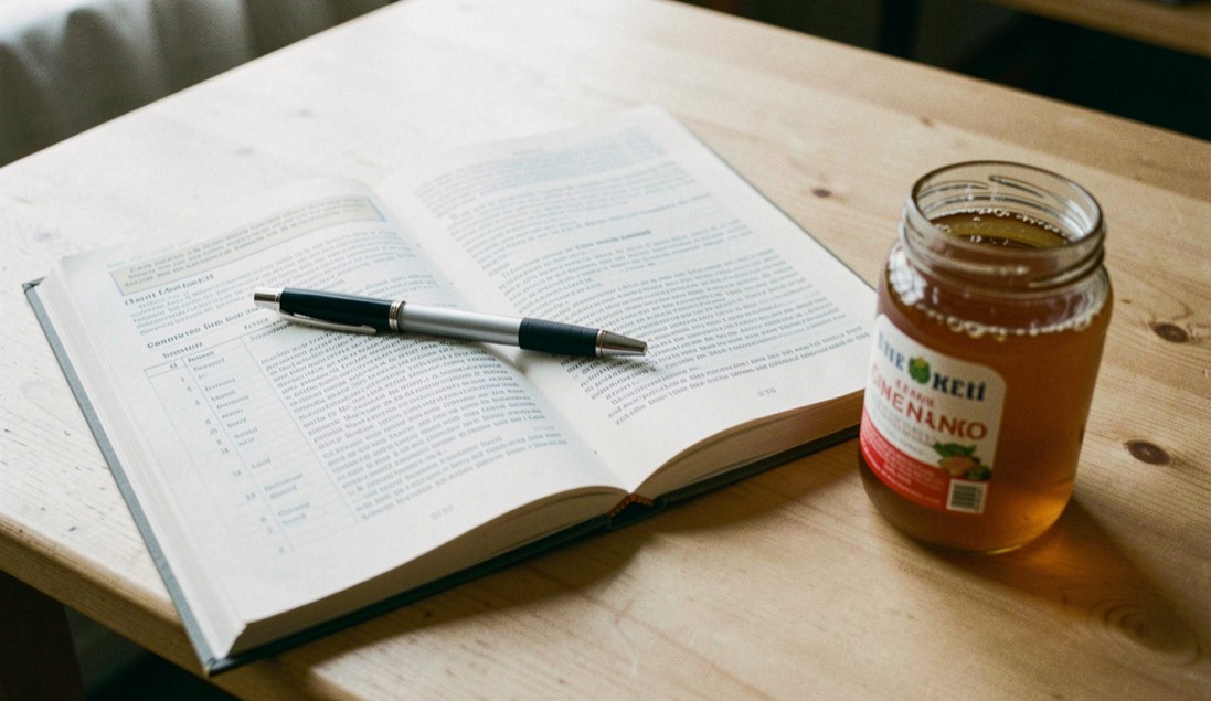 Registre relié ouvert à une page d’information, stylo posé en travers, à côté d’un pot de miel scellé sur une table de bois clair