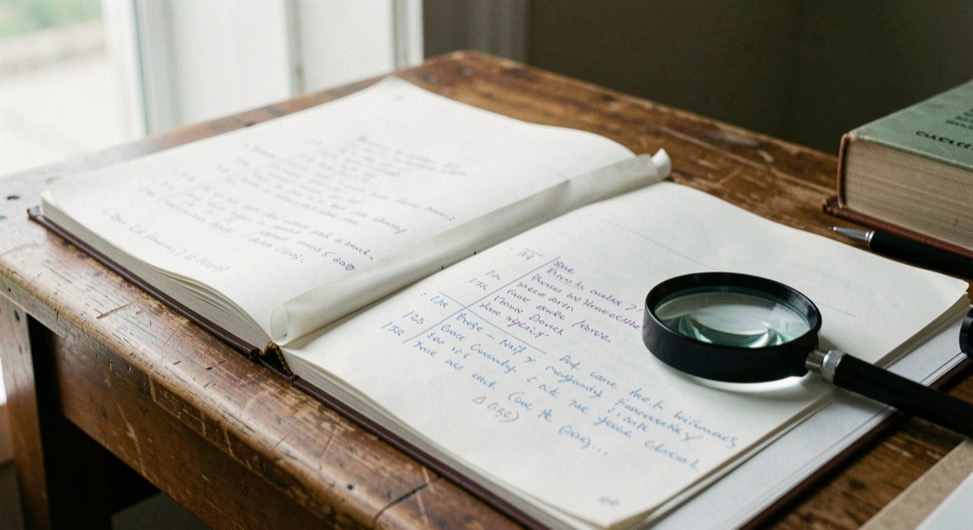 Table de travail d’éditeur avec des épreuves corrigées au crayon, des annotations en marge et une loupe d’observation posée près des pages