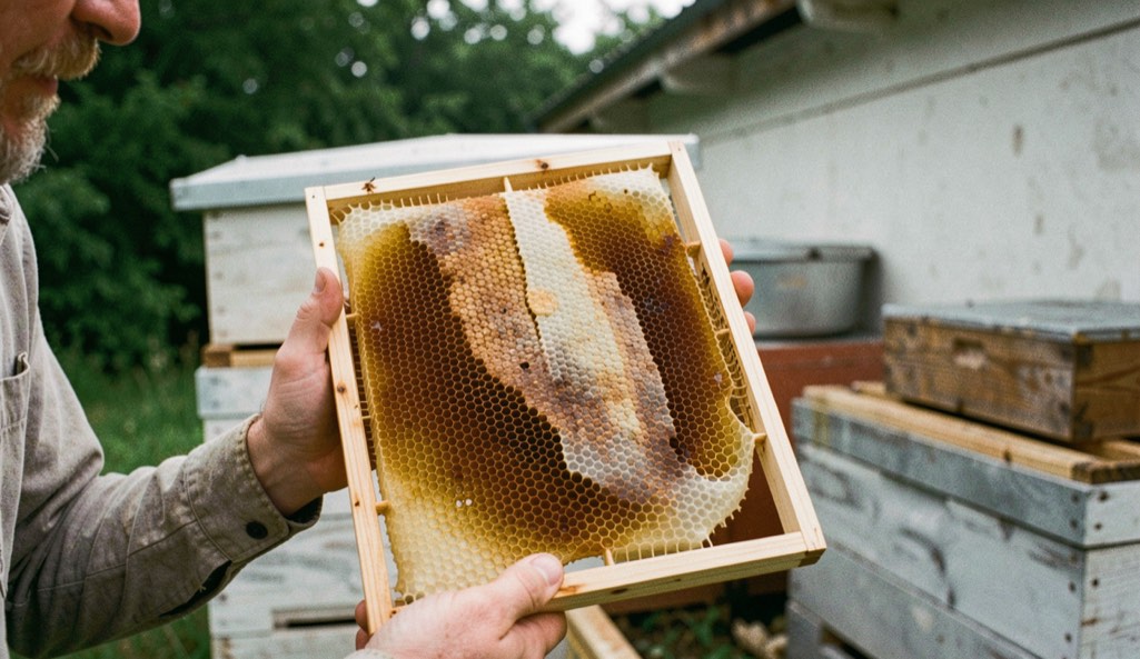 Cadre de hausse entièrement operculé tenu devant une miellerie domestique, le miel doré visible au fond des alvéoles cirées