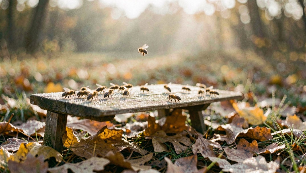 Ruche couverte d’une fine rosée au lever du jour d’automne, quelques butineuses sur la planche d’envol et feuilles jaunies au sol