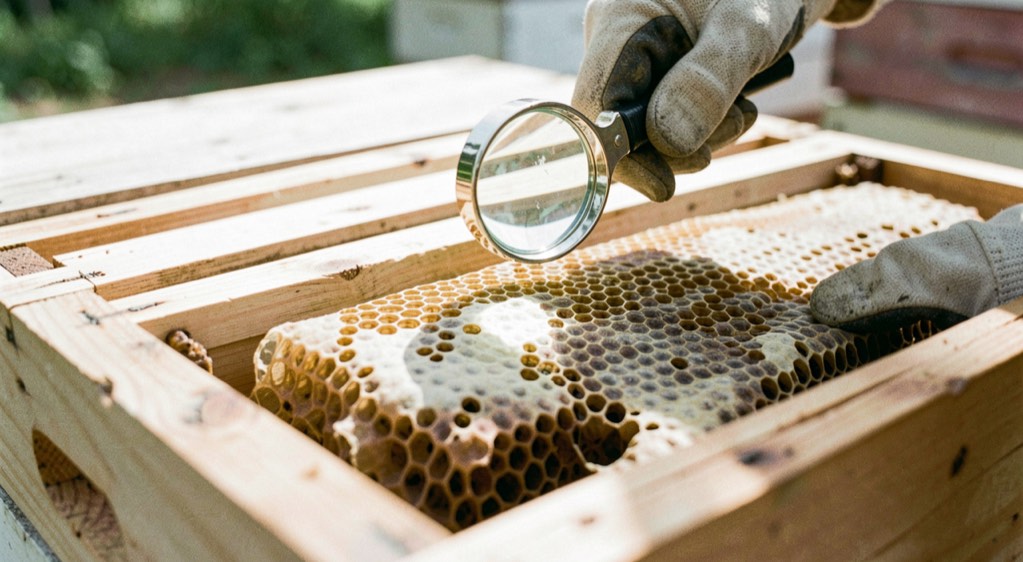 Cadre de couvain observé de près par un apiculteur ganté, loupe posée sur le toit de la ruche, cellules operculées sous une lumière franche